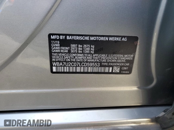 2020 BMW 7 Series 750i xDrive with VIN WBA7U2C07LCD59553, listed as a Copart auction lot 86826964 with 0 mi miles and Salvage Title. Bid and sale history available at carsss.com. Image 13.