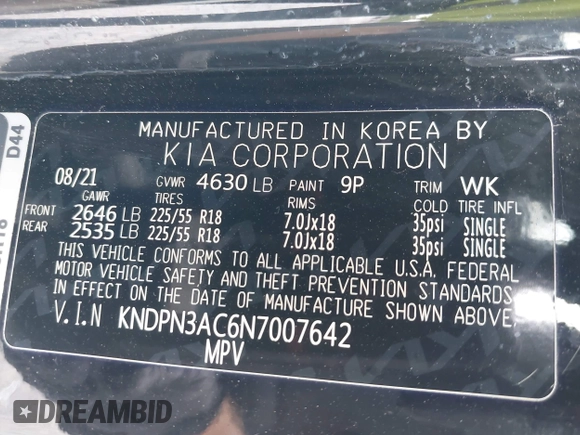 2022 Kia Sportage EX with VIN KNDPN3AC6N7007642, listed as a IAAI auction lot 42151902 with 39,411 mi miles and . Bid and sale history available at DreamBid. Image 9.