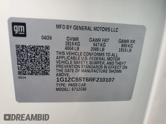2024 Chevrolet Malibu LS with VIN 1G1ZC5ST6RF210107, listed as a Copart auction lot 79670784 with Not Provided miles and Salvage Title. Bid and sale history available at DreamBid. Image 12.