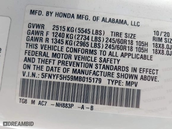 2021 Honda Pilot EX-L with VIN 5FNYF5H59MB015179, listed as a IAAI auction lot 41658099 with 46,131 mi miles. Bid and sale history available at carsss.com. Image 9.