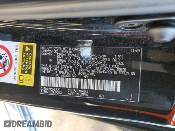 2010 Lexus RX 450h with VIN JTJBC1BA3A2017471, listed as a Copart auction lot 55138655 with 167,245 mi miles and Non repairable. Bid and sale history available at DreamBid. Image 13.