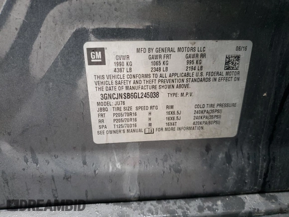 2016 Chevrolet Trax LS z VIN 3GNCJNSB6GL245038, wystawiony jako Copart lot #57892125 z przebiegiem 47 982 mil mil oraz Szkoda całkowita • Salvage title. Historia ofert i sprzedaży dostępna na DreamBid. Obrazek 13.