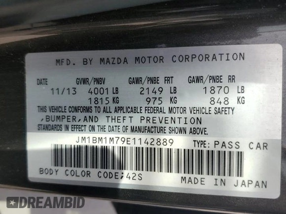 2014 Mazda 3 i Grand Touring with VIN JM1BM1M79E1142889, listed as a Copart auction lot 53263345 with 146,606 mi miles and Salvage Title. Bid and sale history available at DreamBid. Image 12.