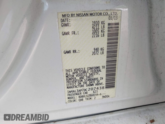 2013 Nissan Altima SV with VIN 1N4AL3AP7DC207438, listed as a IAAI auction lot 42141303 with 224,279 mi miles and . Bid and sale history available at carsss.com. Image 9.