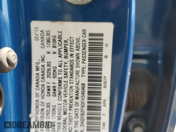 2015 Honda Civic EX-L with VIN 2HGFB2F90FH546468, listed as a Copart auction lot 55102285 with 155,412 mi miles and Salvage Title. Bid and sale history available at DreamBid. Image 12.