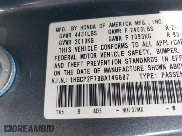 2011 Honda Accord EX with VIN 1HGCP2F79BA146887, listed as a IAAI auction lot 42430728 with 211,302 mi miles and . Bid and sale history available at DreamBid. Image 9.