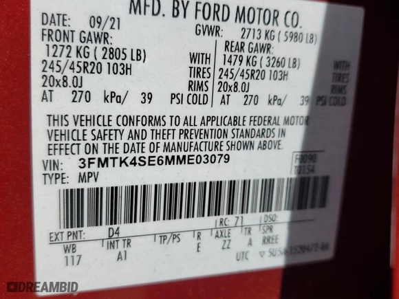 2021 Ford Mustang Mach-E GT with VIN 3FMTK4SE6MME03079, listed as a Copart auction lot 69880144 with 55,257 mi miles and Salvage Title. Bid and sale history available at carsss.com. Image 13.