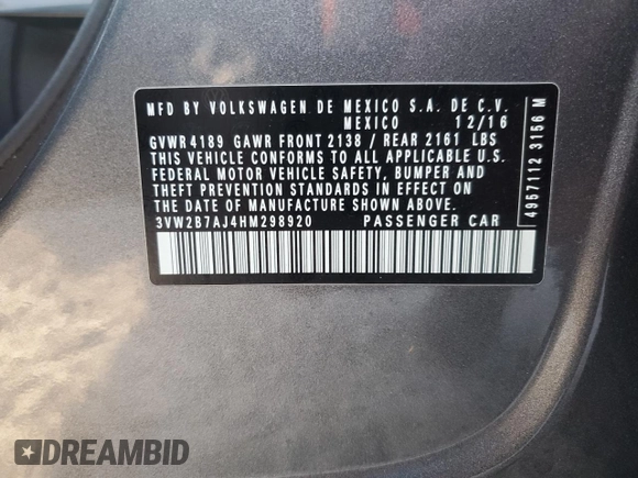 2017 Volkswagen Jetta S with VIN 3VW2B7AJ4HM298920, listed as a Copart auction lot 61734125 with 84,786 mi miles and Salvage title. Bid and sale history available at DreamBid. Image 13.
