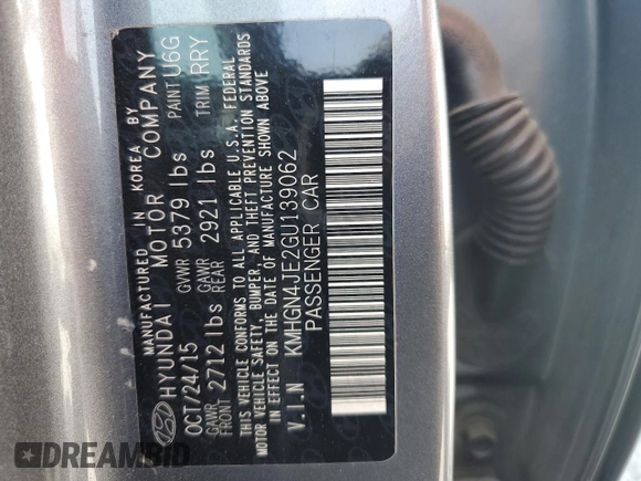 2016 Hyundai Genesis 3.8L z VIN KMHGN4JE2GU139062, wystawiony jako Copart lot #53824075 z przebiegiem 159 592 mil mil oraz Nie do naprawy • Non repairable. Historia ofert i sprzedaży dostępna na DreamBid. Obrazek 12.