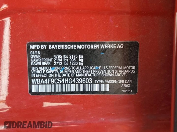 2017 BMW 4 Series 430i xDrive with VIN WBA4F9C54HG439603, listed as a Copart auction lot 62525125 with 40,331 mi miles and Salvage title. Bid and sale history available at DreamBid. Image 12.