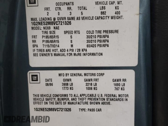 1997 Pontiac Grand Am SE with VIN 1G2NE52M8VC721326, listed as a Copart auction lot 75860034 with 110,209 mi miles and Salvage title. Bid and sale history available at DreamBid. Image 12.