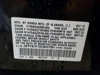 2012 Honda Ridgeline Sport with VIN 5FPYK1F7XCB457001, listed as a Copart auction lot 81421164 with 114,238 mi miles and Salvage Title. Bid and sale history available at carsss.com. Image 12.