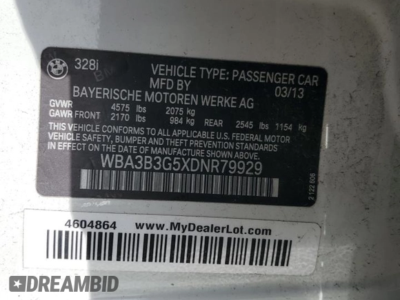 2013 BMW 3 Series 328i xDrive with VIN WBA3B3G5XDNR79929, listed as a Copart auction lot 53758945 with 58,591 mi miles and Salvage Title. Bid and sale history available at carsss.com. Image 12.