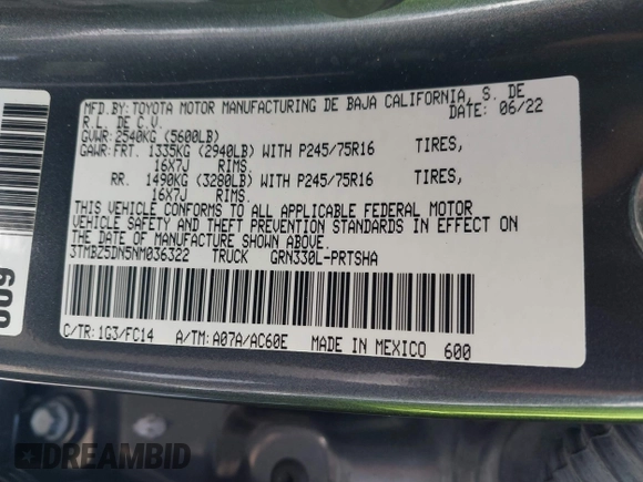 2022 Toyota Tacoma SR5 z VIN 3TMBZ5DN5NM036322, wystawiony jako IAAI lot #42437939 z przebiegiem 77 805 mil mil oraz . Historia ofert i sprzedaży dostępna na DreamBid. Obrazek 9.
