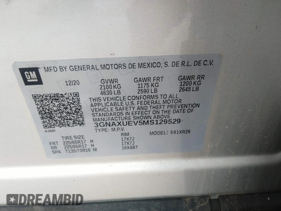 2021 Chevrolet Equinox LT with VIN 3GNAXUEV5MS129529, listed as a IAAI auction lot 35744551 with 25,445 mi miles and . Bid and sale history available at DreamBid. Image 9.