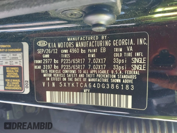 2013 Kia Sorento LX with VIN 5XYKTCA64DG386183, listed as a IAAI auction lot 41849794 with 169,394 mi miles. Bid and sale history available at carsss.com. Image 9.