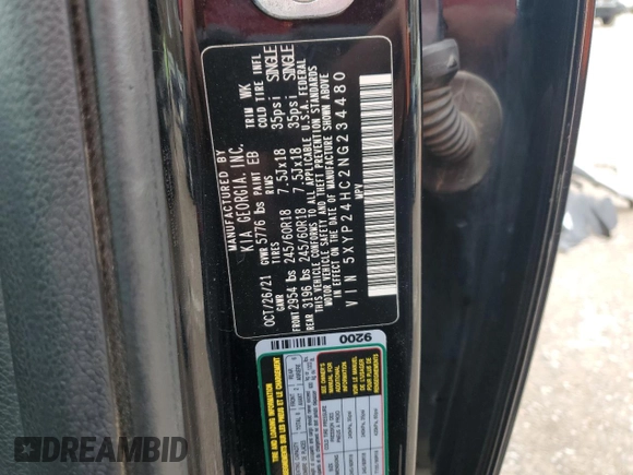 2022 Kia Telluride LX with VIN 5XYP24HC2NG234480, listed as a Copart auction lot 42247645 with 67,905 mi miles and Salvage title. Bid and sale history available at DreamBid. Image 14.