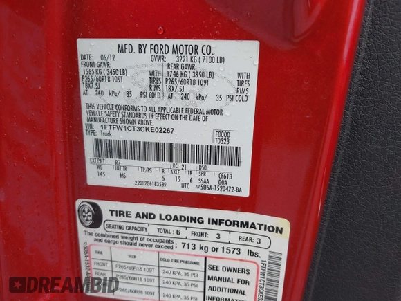 2012 Ford F-150 XL with VIN 1FTFW1CT3CKE02267, listed as a IAAI auction lot 41868205 with 199,958 mi miles. Bid and sale history available at carsss.com. Image 9.