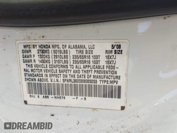 2008 Honda Odyssey LX с VIN 5FNRL38208B085053, выставлен на аукционе IAAI как лот 42301338 с пробегом 209 993 миль миль и . История ставок и продаж доступна на DreamBid. Изображение 9.