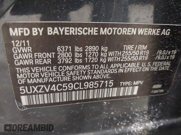 2012 BMW X5 35i z VIN 5UXZV4C59CL985715, wystawiony jako IAAI lot #42307586 z przebiegiem 105 147 mil mil oraz . Historia ofert i sprzedaży dostępna na DreamBid. Obrazek 9.