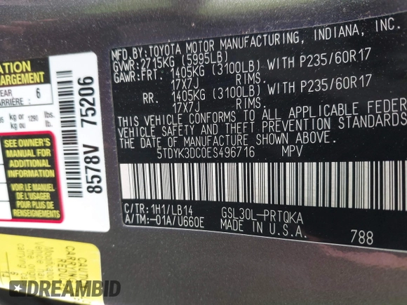 2014 Toyota Sienna XLE with VIN 5TDYK3DC0ES496716, listed as a IAAI auction lot 42494549 with 158,645 mi miles and . Bid and sale history available at DreamBid. Image 9.