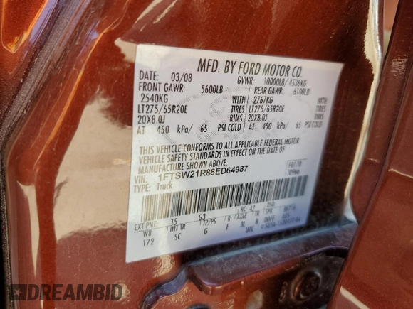 2008 Ford F-250 XL with VIN 1FTSW21R88ED64987, listed as a Copart auction lot 56030705 with 149,351 mi miles and Salvage title. Bid and sale history available at DreamBid. Image 12.