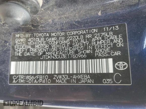 2014 Toyota Prius Four with VIN JTDKN3DU3E1760966, listed as a Copart auction lot 44454005 with 209,154 mi miles and Salvage Title. Bid and sale history available at carsss.com. Image 12.
