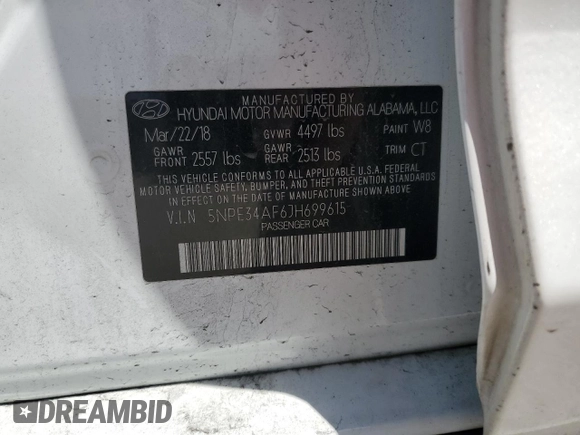 2018 Hyundai Sonata SEL with VIN 5NPE34AF6JH699615, listed as a Copart auction lot 53495005 with 68,730 mi miles and Salvage Title. Bid and sale history available at DreamBid. Image 12.