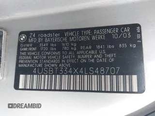 2004 BMW Z4 2.5i with VIN 4USBT334X4LS48707, listed as a IAAI auction lot 41737439 with 92,640 mi miles and . Bid and sale history available at DreamBid. Image 9.
