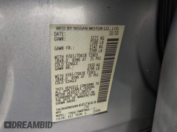 2011 Nissan Armada SV with VIN 5N1BA0NDXBN607669, listed as a IAAI auction lot 41930926 with 197,382 mi miles and . Bid and sale history available at DreamBid. Image 9.