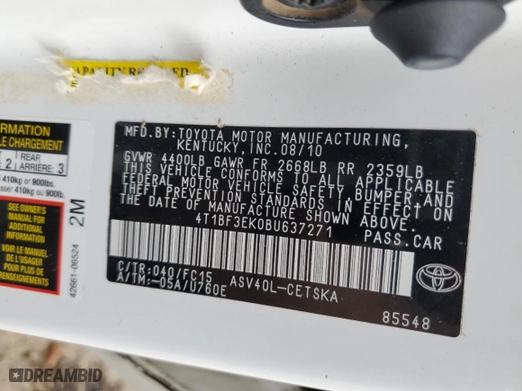 2011 Toyota Camry LE with VIN 4T1BF3EK0BU637271, listed as a Copart auction lot 70056354 with 344,443 mi miles and Salvage Title. Bid and sale history available at carsss.com. Image 12.