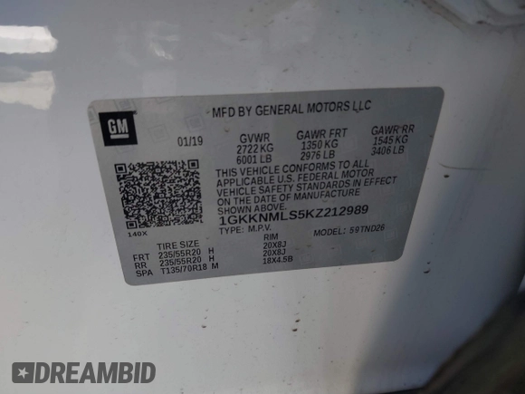 2019 GMC Acadia SLT with VIN 1GKKNMLS5KZ212989, listed as a IAAI auction lot 41839415 with 131,876 mi miles. Bid and sale history available at carsss.com. Image 9.