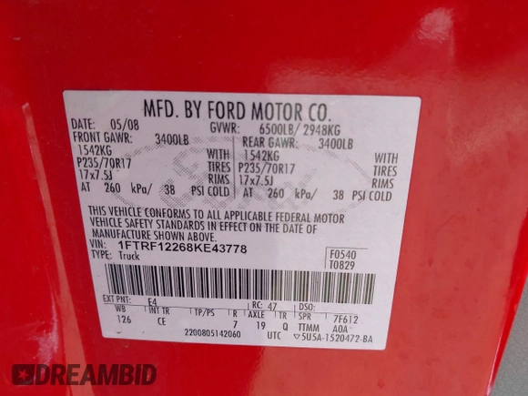 2008 Ford F-150 XL with VIN 1FTRF12268KE43778, listed as a IAAI auction lot 42472429 with 165,015 mi miles and . Bid and sale history available at DreamBid. Image 9.