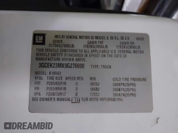 2009 Chevrolet Silverado 1500 LT with VIN 3GCEK23MX9G276690, listed as a IAAI auction lot 41566596 with 184,383 mi miles and . Bid and sale history available at DreamBid. Image 9.