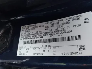 2019 Ford F-150 XL with VIN 1FTEW1E49KFC07492, listed as a IAAI auction lot 42008861 with 118,640 mi miles and . Bid and sale history available at DreamBid. Image 9.