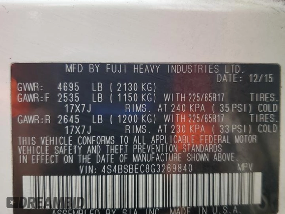 2016 Subaru Outback Premium with VIN 4S4BSBEC8G3269840, listed as a Copart auction lot 58601725 with 145,925 mi miles and Salvage title. Bid and sale history available at DreamBid. Image 13.