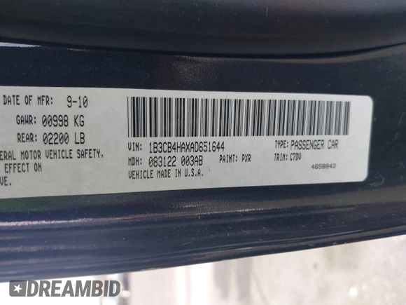 2010 Dodge Caliber SXT with VIN 1B3CB4HAXAD651644, listed as a IAAI auction lot 42173361 with 195,480 mi miles and . Bid and sale history available at DreamBid. Image 9.