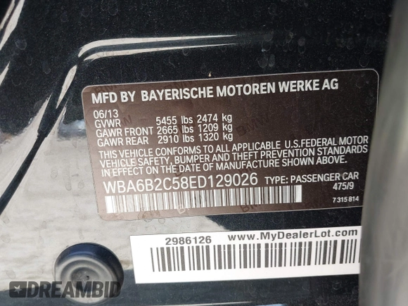 2014 BMW 6 Series 650i with VIN WBA6B2C58ED129026, listed as a IAAI auction lot 41825916 with 109,264 mi miles and . Bid and sale history available at carsss.com. Image 9.