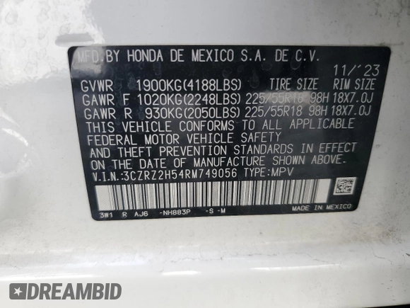 2024 Honda HR-V Sport with VIN 3CZRZ2H54RM749056, listed as a Copart auction lot 42791745 with 15,978 mi miles and Salvage title. Bid and sale history available at DreamBid. Image 13.
