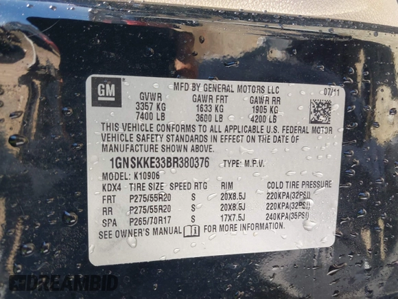 2011 Chevrolet Suburban LTZ with VIN 1GNSKKE33BR380376, listed as a IAAI auction lot 41825445 with 228,715 mi miles and . Bid and sale history available at DreamBid. Image 9.