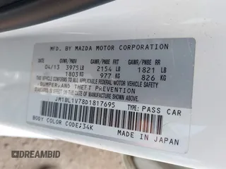 2013 Mazda 3 i Touring with VIN JM1BL1V78D1817695, listed as a IAAI auction lot 42558301 with 190,166 mi miles and . Bid and sale history available at DreamBid. Image 9.