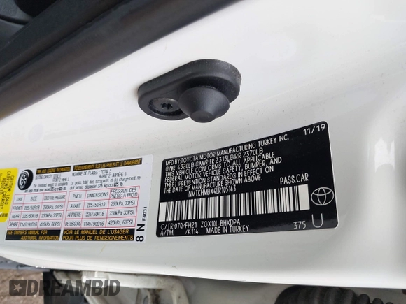 2020 Toyota C-HR LE z VIN NMTKHMBX4LR105143, wystawiony jako IAAI lot #41731044 z przebiegiem 46 236 mil mil oraz . Historia ofert i sprzedaży dostępna na DreamBid. Obrazek 9.