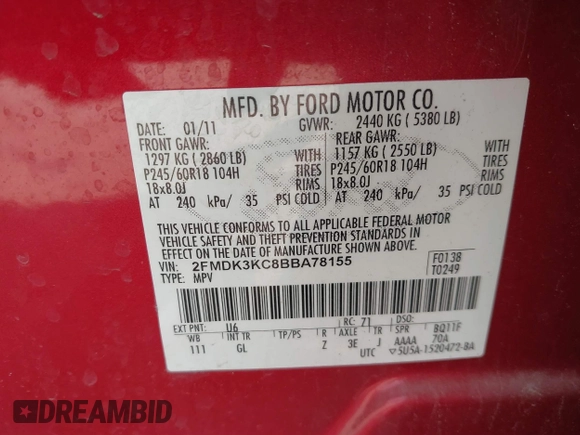 2011 Ford Edge Limited with VIN 2FMDK3KC8BBA78155, listed as a IAAI auction lot 41859892 with 89,696 mi miles. Bid and sale history available at carsss.com. Image 9.