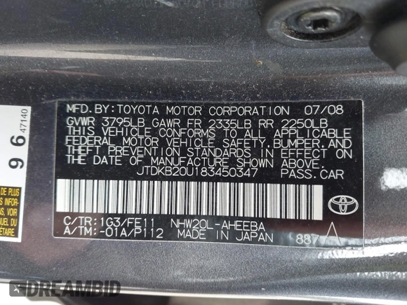 2008 Toyota Prius with VIN JTDKB20U183450347, listed as a IAAI auction lot 42074131 with 169,673 mi miles. Bid and sale history available at carsss.com. Image 9.