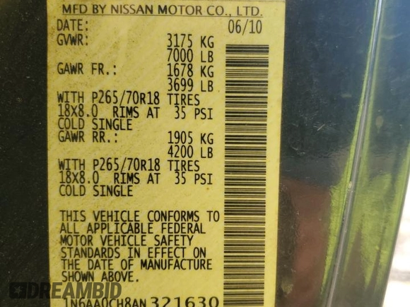 2010 Nissan Titan S with VIN 1N6AA0CH8AN321630, listed as a Copart auction lot 58354525 with 190,570 mi miles and Salvage title. Bid and sale history available at DreamBid. Image 12.