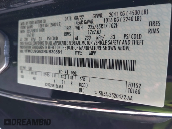 2022 Ford Escape SE z VIN 1FMCU9G6XNUB30881, wystawiony jako IAAI lot #41750512 z przebiegiem 88 681 mil mil oraz . Historia ofert i sprzedaży dostępna na DreamBid. Obrazek 9.