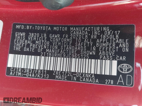 2018 Toyota Corolla L with VIN 2T1BURHE9JC965125, listed as a IAAI auction lot 42404116 with 91,219 mi miles and . Bid and sale history available at DreamBid. Image 9.