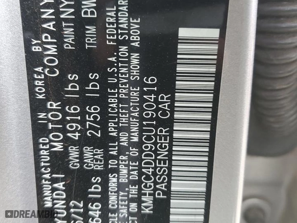 2012 Hyundai Genesis 3.8L with VIN KMHGC4DD9CU190416, listed as a Copart auction lot 48166425 with 146,948 mi miles and Salvage Title. Bid and sale history available at carsss.com. Image 14.