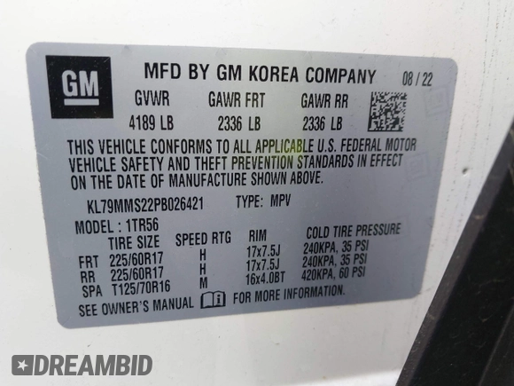 2023 Chevrolet TrailBlazer LS with VIN KL79MMS22PB026421, listed as a IAAI auction lot 41939775 with Not Provided miles and . Bid and sale history available at DreamBid. Image 9.