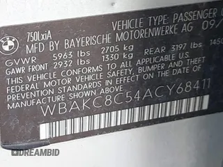 2010 BMW 7 Series 750Li xDrive with VIN WBAKC8C54ACY68411, listed as a IAAI auction lot 41621344 with 150,454 mi miles and . Bid and sale history available at DreamBid. Image 9.